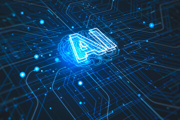 Wall Mural - Futuristic design of artificial Intelligence ai brain with circuit board. Learning process and problem solving concept. Abstract digital technology grid background. 3D Rendering.
