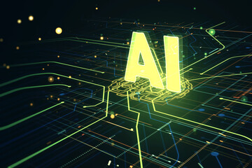 Wall Mural - Creative design of artificial Intelligence ai brain with circuit board. Learning process and problem solving concept. Abstract digital technology grid background. 3D Rendering.