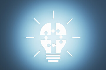 Wall Mural - Abstract glowing white puzzle light bulb on blue background. Completing business idea. Cooperation, teamwork. Successful solution puzzle. Symbol of partnership. 3D Rendering.
