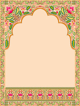 Mughal Floral Traditional Ornament With An Arch And A Motif Borders. Recycled Ethnic Indian Miniature.