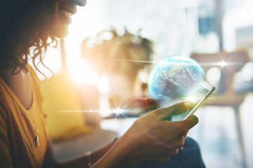Poster - Phone, globe and hologram with a black woman in her home, using an ai or ux interface to search the internet. Mobile, global and world with a female searching for information on a futuristic system