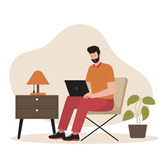 Wall Mural - Man freelancer working from home. Illustration for website, landing page, mobile app, poster and banner. Trendy flat vector illustration