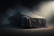 car covered in cloth on smoky background, generative ai composite