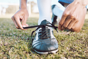 Sticker - Sports, soccer field and man tie shoes for game, ready for training, workout and fitness outdoor. Male, guy or athlete tying shoe lace, before practice or exercise for wellness, cardio or competition