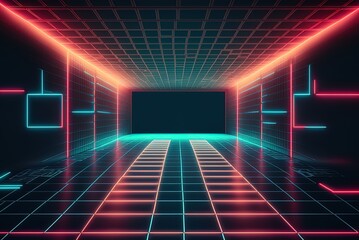 Wall Mural - grid of abstract lights from the 1990s; a cyberpunk and vintage ad backdrop. Generative AI