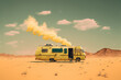 RV in the Desert: RV trailer parked in the desert with yellow smoke pouring out of its roof. Hot, sunny day where characters are cooking meth on an RV. 