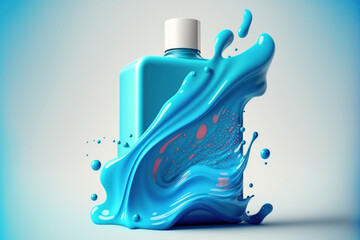 Poster - Splash blue colored abstract background with micellar toner or emulsion for cosmetics. Generative AI