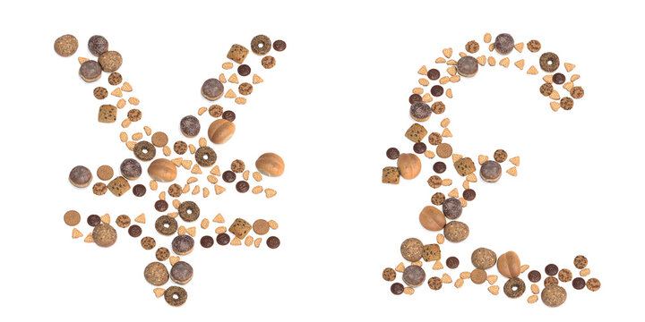 Concept or conceptual set of pastry delicious products forming the ¥? and £ signs.3d illustration metaphor for education, school, agriculture, traditional and rustic, organic, healthy and natural.