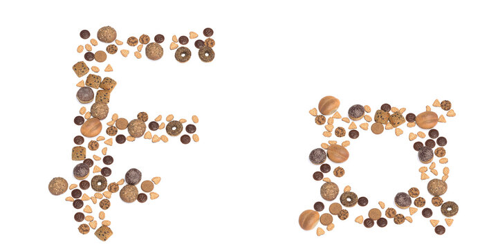 Conceptual set of pastry delicious products forming the french franc and ¤ signs.3d illustration metaphor for education, school, agriculture, traditional and rustic, organic, healthy and natural.