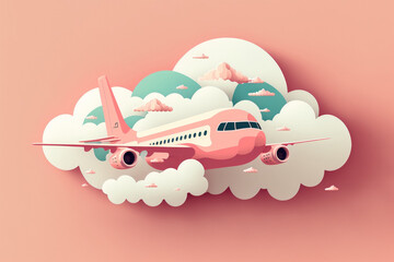 Canvas Print - Passenger jet flying through clouds that are a soft pink color. minimal ideas for vacations, travel, or transportation. Generative AI