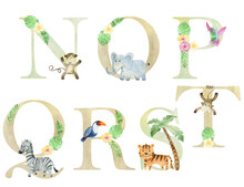 Watercolor Cute Safari Animals Letters For Greeting Card, Nursery Poster And Other.