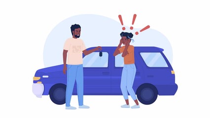Poster - Animated forcing teen to driving. Strict teaching style. Flat 2D characters 4K video footage. Color isolated animation on white background with alpha channel transparency for website, social media