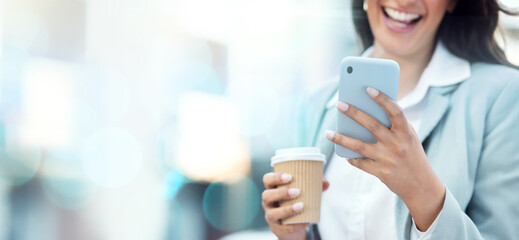 Sticker - Coffee, phone and hands of business woman on social media, texting or web scrolling on bokeh background. Tea, smartphone and female employee with mobile laughing at funny meme while internet browsing