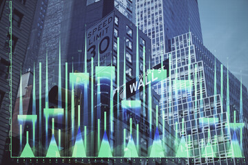 Canvas Print - Forex chart on cityscape with tall buildings background multi exposure. Financial research concept.