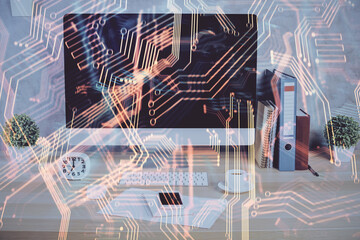 Poster - Computer on desktop in office with technology theme hologram. Double exposure. Tech concept.