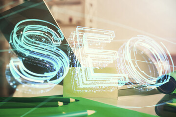 Aufkleber - Multi exposure of table with computer and seo drawing hologram. Search optimization concept.