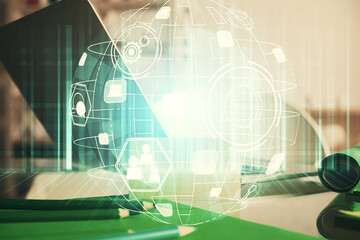 Aufkleber - Computer on desktop with social network theme icon. Multi exposure. Concept of international connections.