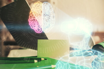 Poster - Computer on desktop with AR theme icon. Multi exposure. Concept of augmented reality.