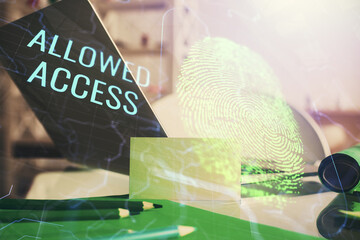 Aufkleber - Computer on desktop in office with finger print drawing. Double exposure. Concept of business data security.