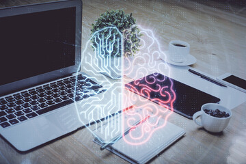 Aufkleber - Double exposure of desktop with computer and brain drawing hologram. Artificial intelligence concept.