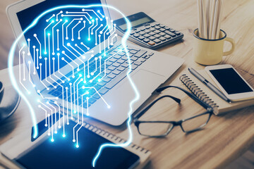 Poster - Double exposure of desktop with computer and brain drawing hologram. Artificial intelligence concept.
