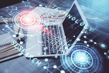 Poster - Multi exposure of table with computer on background and data theme drawing. Concept of innovation.