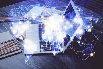Aufkleber - Double exposure of business theme icons and work space with computer background. Concept of success.