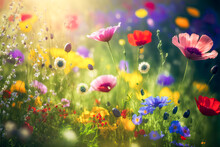 Wild Flowers On A Flower Meadow In Spring. Generative AI.