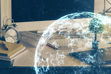 Aufkleber - Computer on desktop with social network hologram. Double exposure. Concept of international people connections.