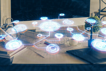 Aufkleber - Computer on desktop with social network hologram. Double exposure. Concept of international people connections.