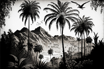  Beautiful Vintage wallpaper - an oasis of palm trees, mountains with birds with a black and white background, Generative AI
