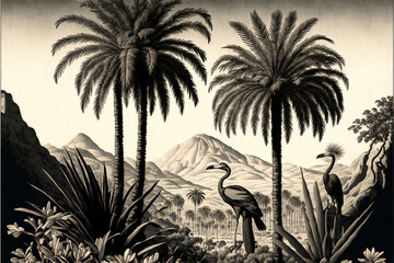 Beautiful  wallpaper - an oasis of palm trees, mountains with birds with a black and white background, Generative AI