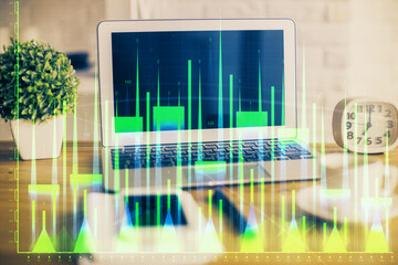 Poster - Financial market graph hologram and personal computer on background. Multi exposure. Concept of forex.
