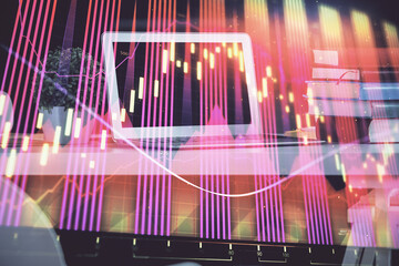 Poster - Financial market graph hologram and personal computer on background. Double exposure. Concept of forex.