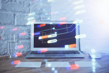 Poster - Double exposure of desktop with personal computer on background and tech theme drawing. Concept of Bigdata.