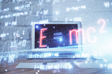 Poster - Desktop computer background and formula hologram writing. Double exposure. Education concept.