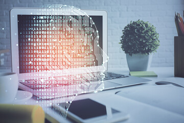 Poster - Double exposure of work space with computer and human brain drawing hologram. Brainstorm concept.