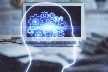 Poster - Double exposure of work space with computer and human brain drawing hologram. Brainstorm concept.