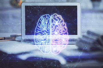 Poster - Double exposure of work space with computer and human brain drawing hologram. Brainstorm concept.