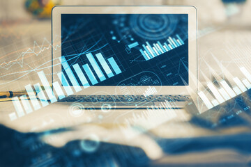Poster - Financial market graph hologram and personal computer on background. Double exposure. Concept of forex.