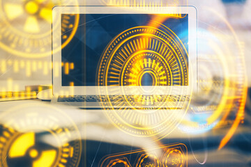Poster - Computer on desktop in office with technology theme hologram. Double exposure. Tech concept.