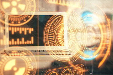 Poster - Computer on desktop in office with technology theme hologram. Double exposure. Tech concept.