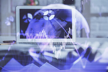 Poster - Financial market graph hologram and personal computer on background. Double exposure. Concept of forex.