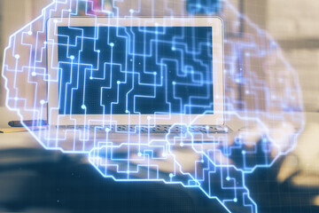 Poster - Double exposure of work space with computer and human brain drawing hologram. Brainstorm concept.