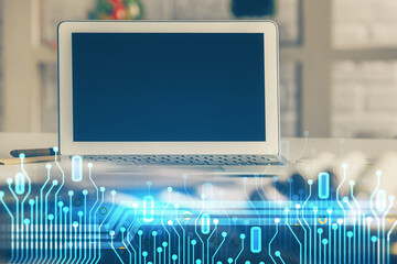 Poster - Multi exposure of desktop computer and technology theme hologram. Concept of software development.