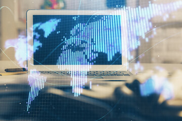 Aufkleber - Multi exposure of business theme icons and work space with computer background. Concept of success.