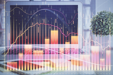 Poster - Financial market graph hologram and personal computer on background. Multi exposure. Concept of forex.