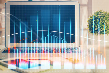 Poster - Financial market graph hologram and personal computer on background. Double exposure. Concept of forex.