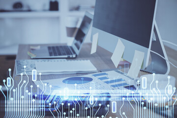 Poster - Double exposure of desktop computer and technology theme hologram. Concept of software development.