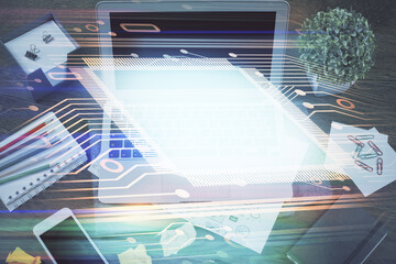Poster - Double exposure of laptop computer and technology theme hologram. Concept of freelance work.